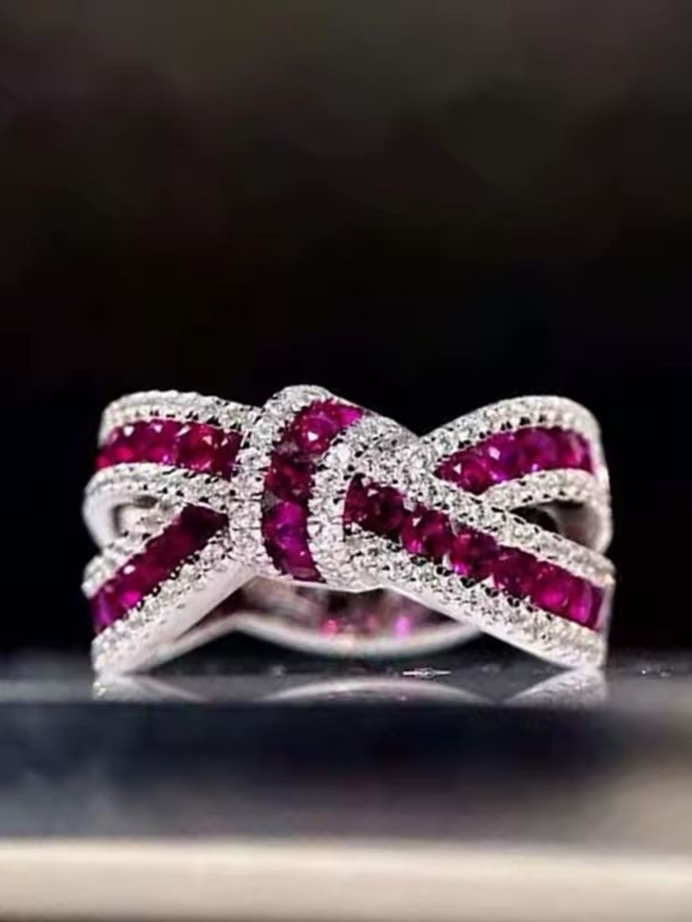 Silver Ring with Vivid Pink Gem Bow - Picture 5 of 5